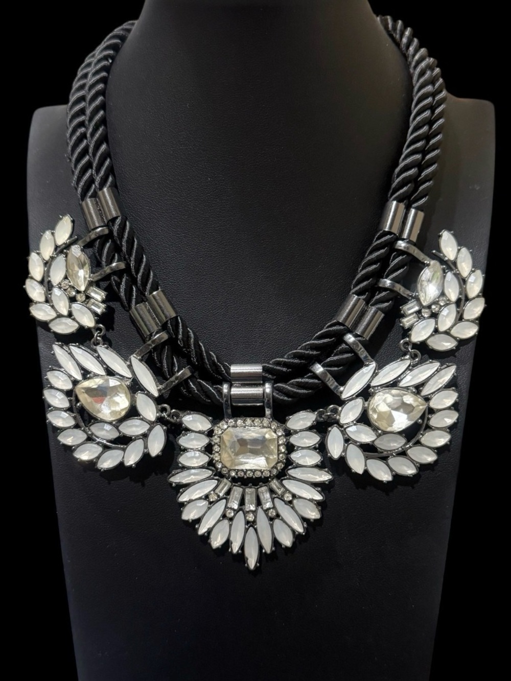 Chunky Milky Semi-Opaque & Clear Glass Gunmetal-Tone Statement Bib Necklace